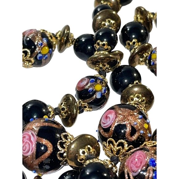 Unbranded Jewelry - VTG Black Venetian Art Glass Wedding Cake Bead Necklace Pink Rose Flower Rose